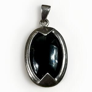 925 Sterling Silver Vintage Real Black Onyx Gem Oval Cabochon Pendant- 6.1g